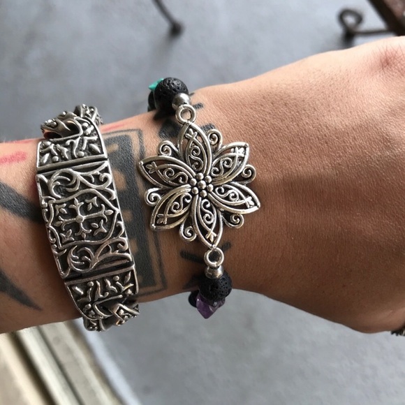 Genuine gemstones big silver lotus flower bracelet - Picture 6 of 9